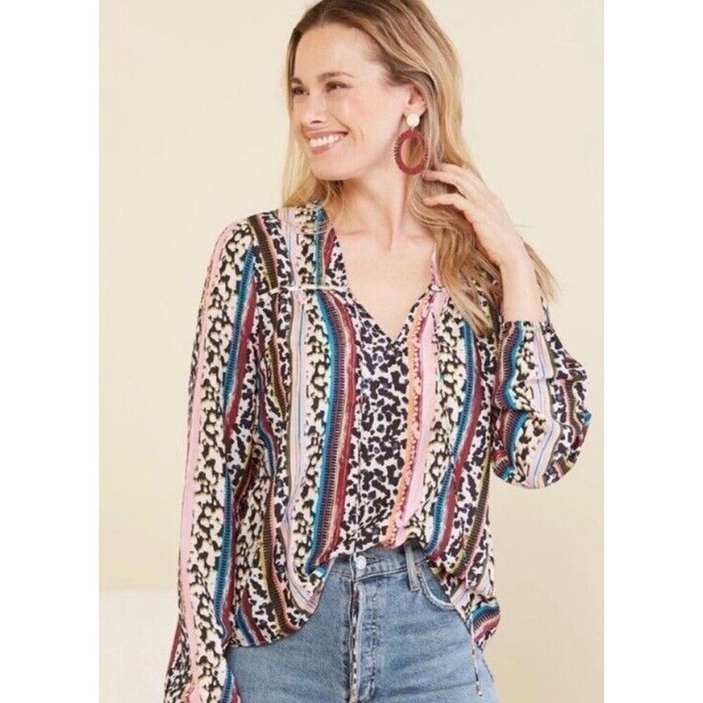 Marie Oliver Womens Phoebe Blouse Top Colorful Geometric Animal Print Size Large